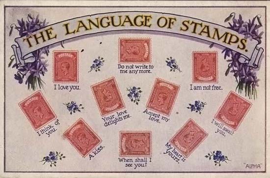 A scan of an old postcard with a title on illustrated scrollwork that reads "The Language of Stamps." It's illustrated with the different parts of an envelope to place a stamp and what they would mean. The stamps are variously upside down, angled, horizontal, and in unusual locations, each with meanings like "Do not write me any more," "I love you," "Accept my love," and "I am not free."