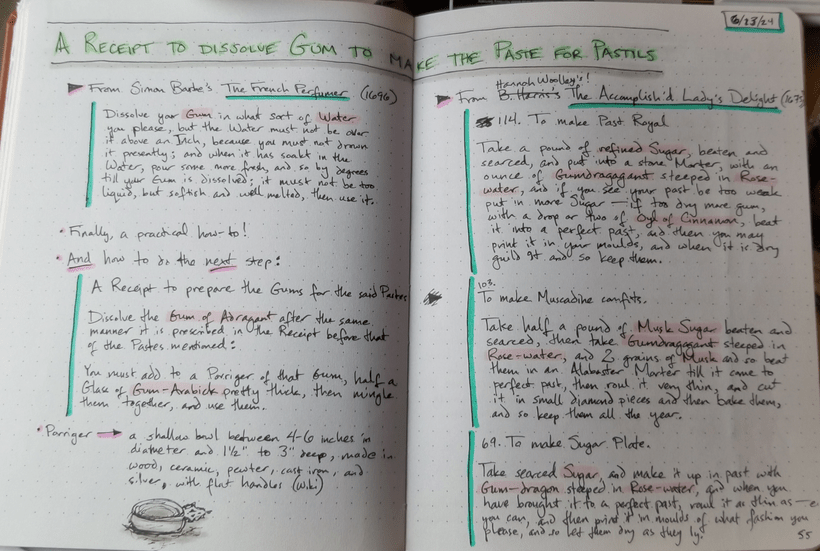 A photograph of a spread open bullet journal labeled "A Receipt to Dissolve Gum to Make the Paste for Pastils", dated 6/13/24, with multiple research notes and a drawing of a porriger