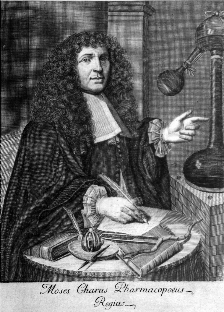 Portrait of French pharmacist Moyse Charas (1619-1698). Engraving by L'Anglais (?) after Pottier (?)