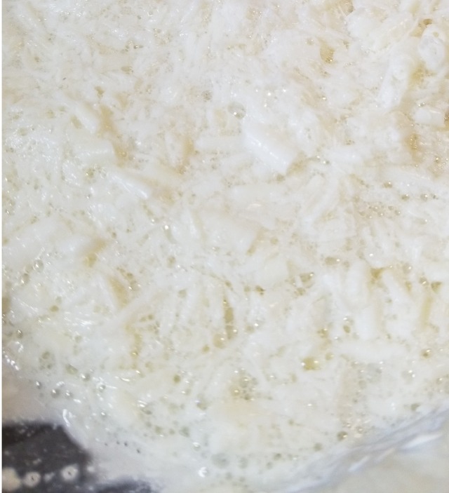 Close up photograph of a tray of soap shavings that has been overly dampened with a clear liquid; it has the appearance of sudsing dried potato flakes.