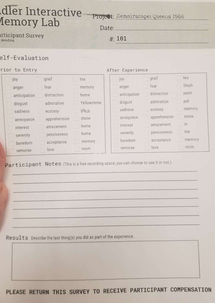 Photograph of a participant survey for Memoirscape.
