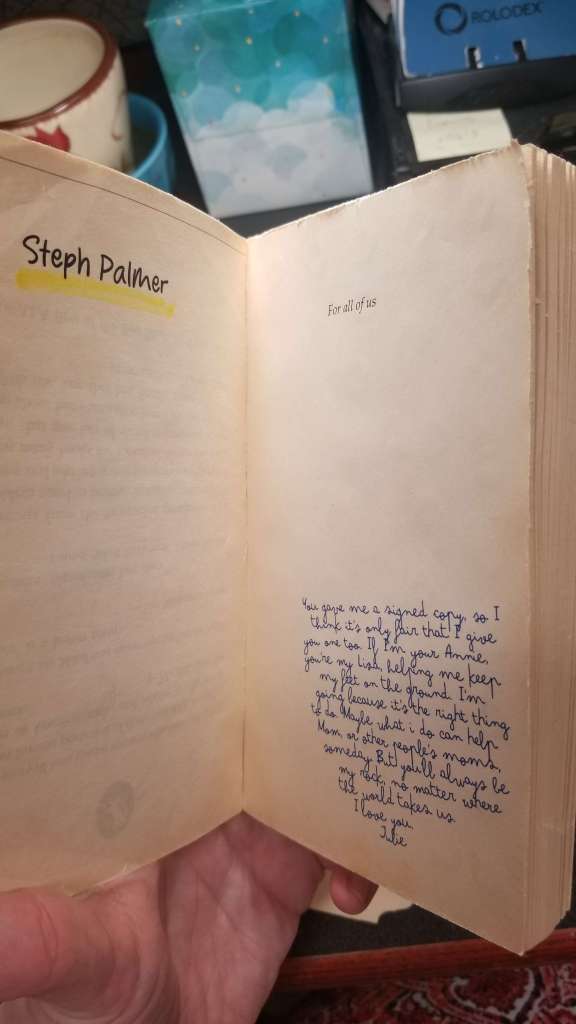Photograph of inserted pages in the 'lost love' copy of the paperback, with "handwritten" inscriptions.