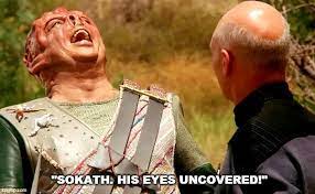 Screenshot from the Star Trek: The Next Generation episode "Darmok", showing an alien laughing loudly in front of the human Captain Picard while saying "Sokath, his eyes uncovered!"