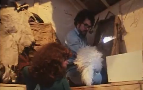 A screenshot from the documentary Of Muppets and Men (1981). Inside a small shadowed room two muppeteers--one with glasses, a beard, and the back-end of a sheep muppet, and the other with long dark curled hair and the back-end of a peasant-woman muppet-- are both watching a white monitor angled so that both can see it at the same time. The monitor is showing the camera view from outside the room; they are timing their muppets entrances/exits against what the camera can see.