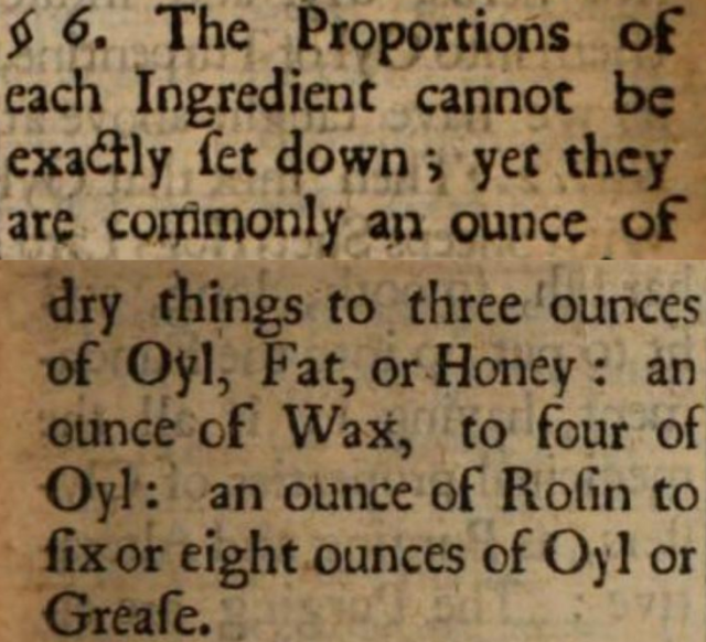 Two screen captures of a book page, capturing a paragraph that goes over multiple pages, that reads (with modernized English spellings): "The proportions of each ingredient cannot be exactly set down; yet they are commonly an ounce of dry things to three ounces of oil, fat, or honey; an ounce of wax to four of oil; an ounce of rosin to six or eight ounces of oil or grease."
